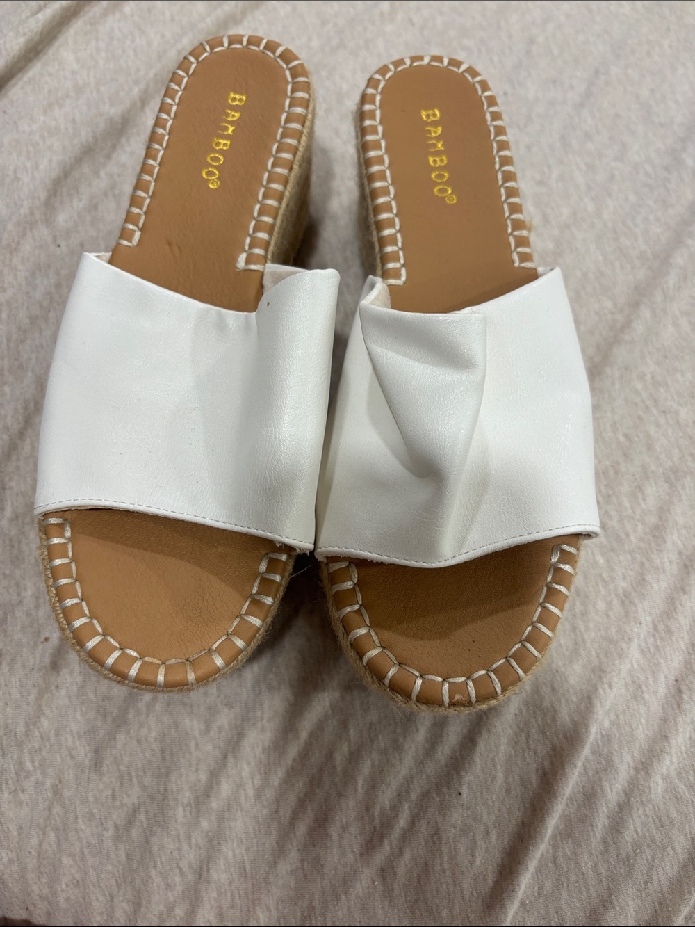 BAMBOO White Slide Mule Sandals with Tan Footbed